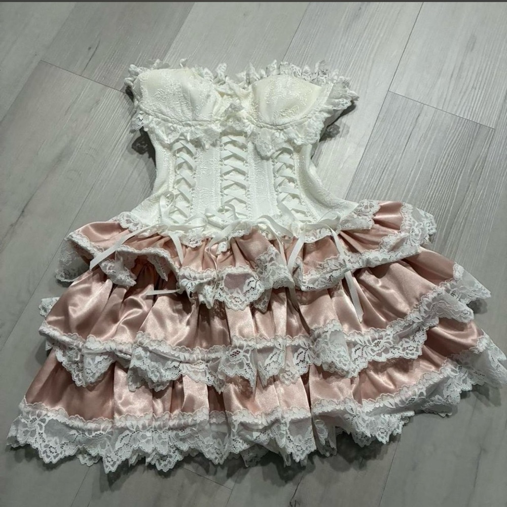 AKIRA White and Pink Lace Mini Dress